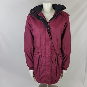 Cabelas Women’s Size L maroon wine hooded insulated winter parka long Micro Loft